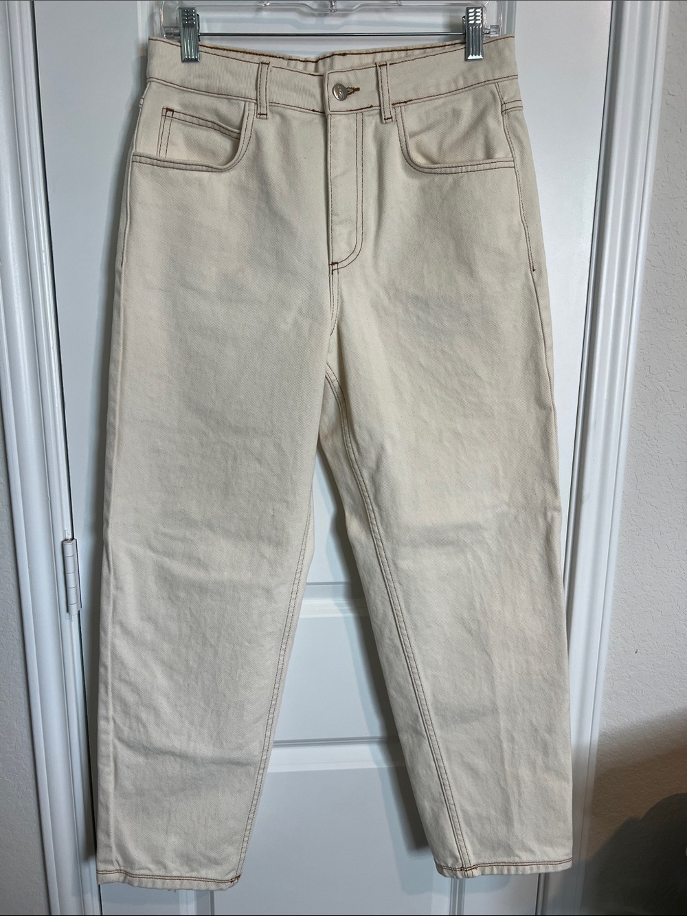 Reclaimed Vintage Cream Straight Leg Jeans with Brown Topstitching